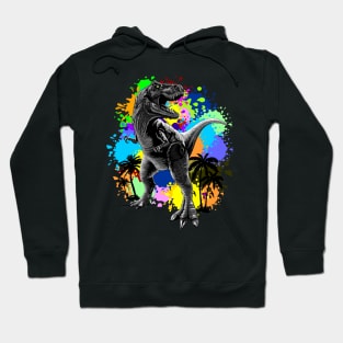 T-Rex Dinosaur Jurassic Reptile on Surreal Rainbow Paint Stains Hoodie